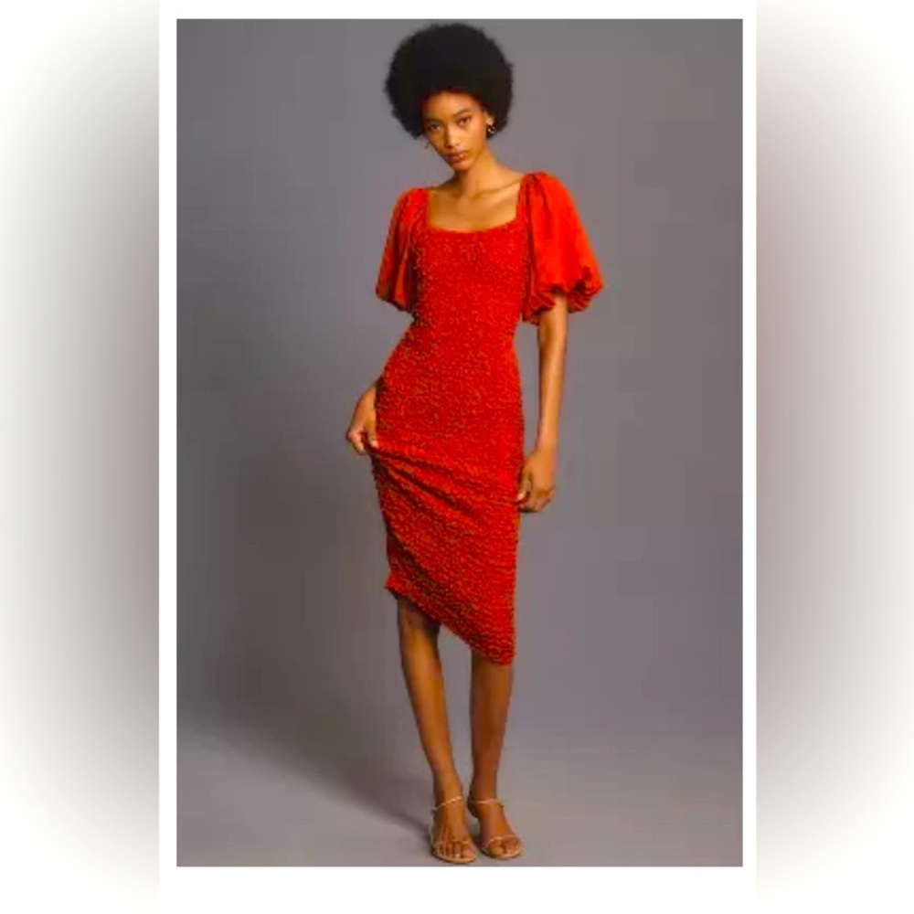 NWT Anthropologie DOLAN PUFF-SLEEVE
PEBBLE-SMOCKED MIDI red dress LG